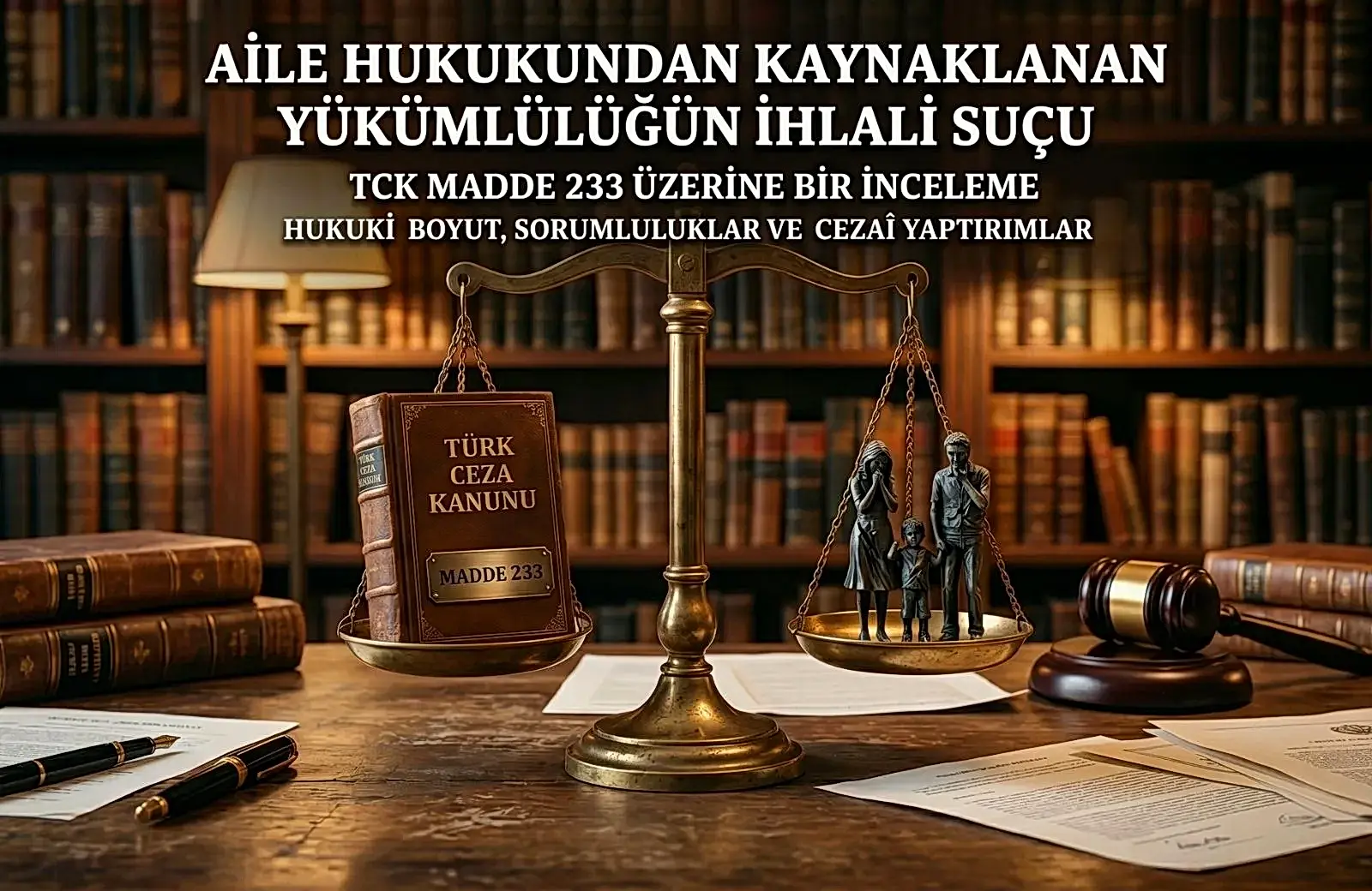 Aile hukukundan kaynaklanan yükümlülüğün ihlali suçu (TCK 233) kavramını temsil eden hukuk kitapları, hakim tokmağı ve adalet terazisi.
